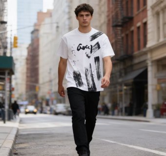 White Graphic Brushstroke T-Shirt with Black Print view 2