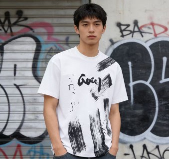 White Graphic Brushstroke T-Shirt with Black Print view 3