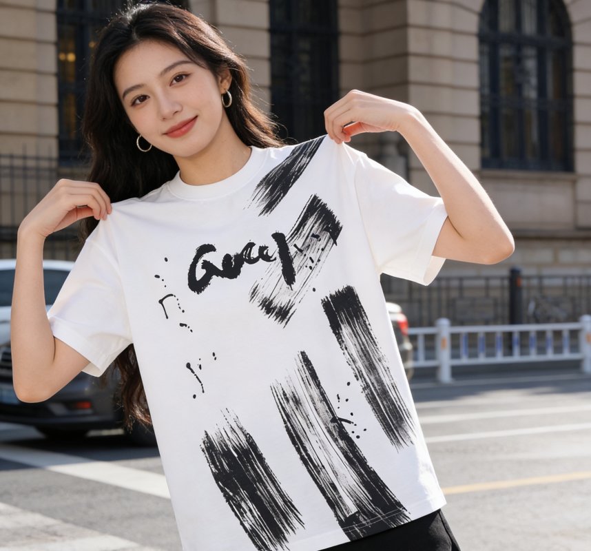 White Graphic Brushstroke T-Shirt with Black Print view