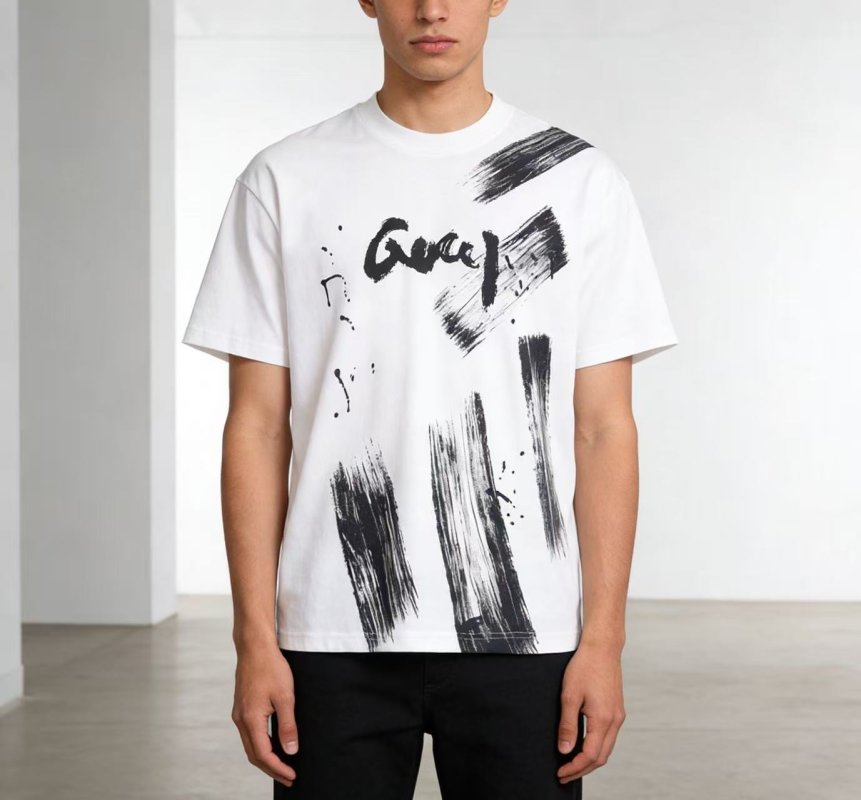 White Graphic Brushstroke T-Shirt with Black Print view