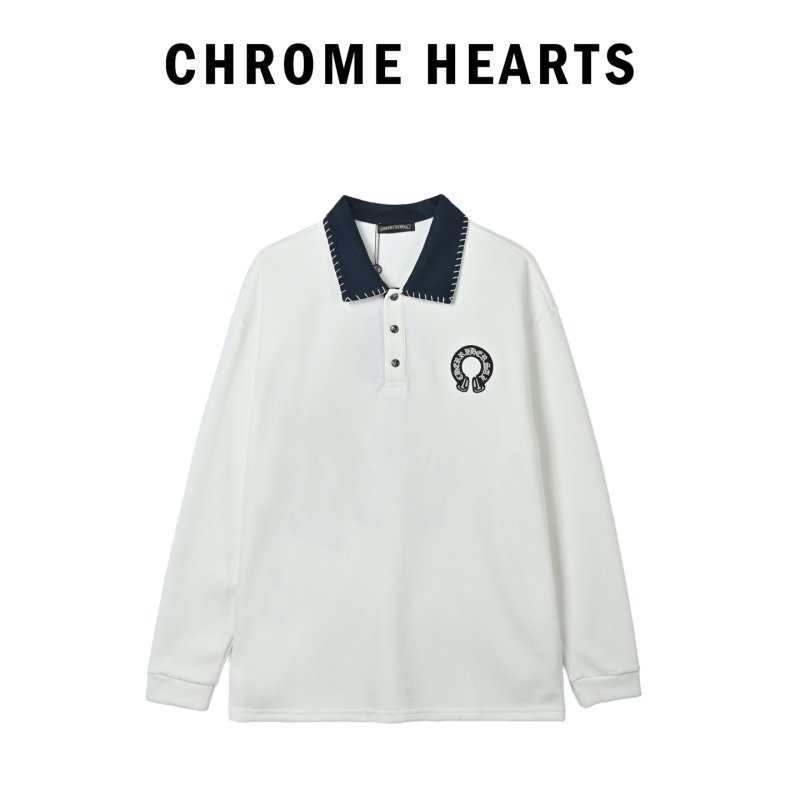 White Long Sleeve Polo Shirt with Denim Collar view