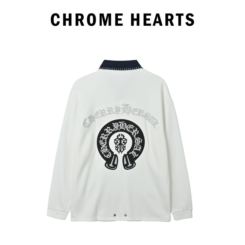 White Long Sleeve Polo Shirt with Denim Collar view