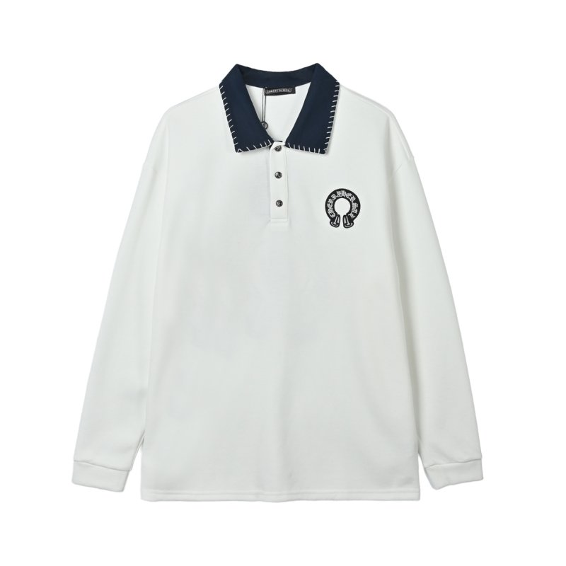 White Long Sleeve Polo Shirt with Denim Collar view