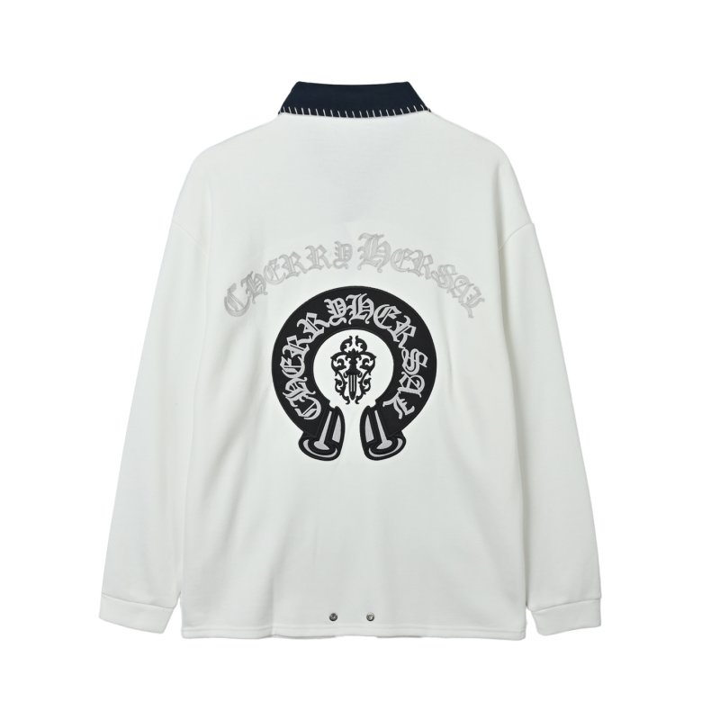 White Long Sleeve Polo Shirt with Denim Collar view
