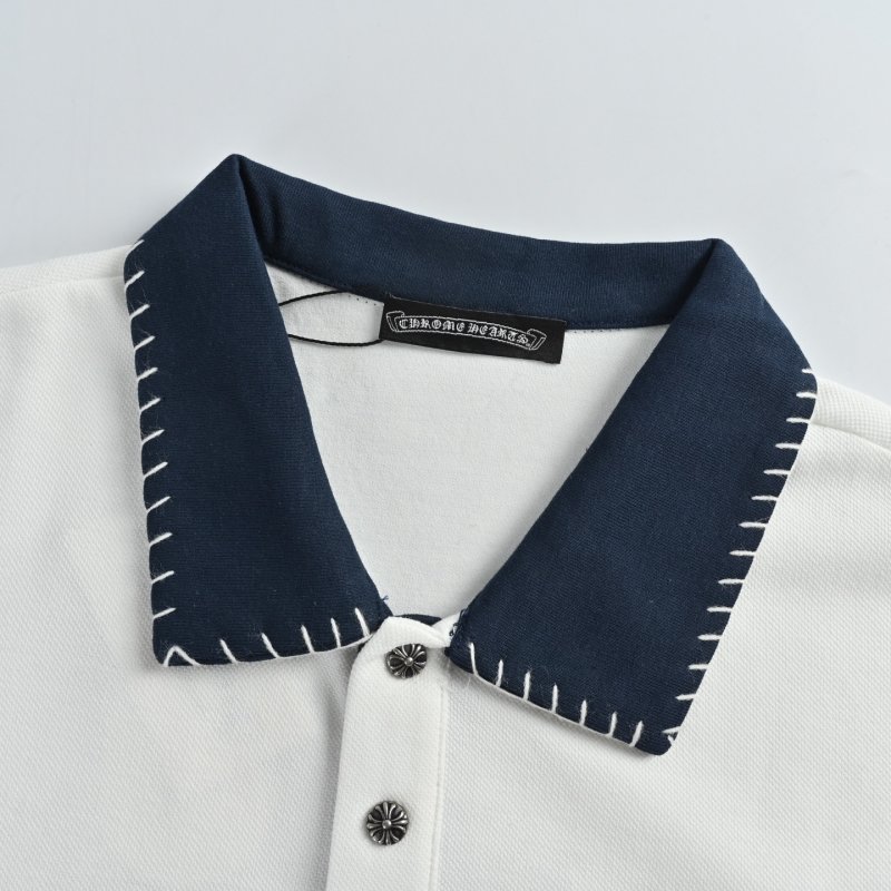 White Long Sleeve Polo Shirt with Denim Collar view