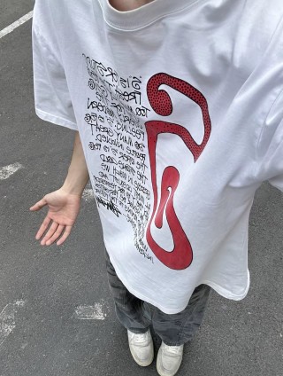 White Graphic Print Short Sleeve T-Shirt with Red Abstract Design view 1