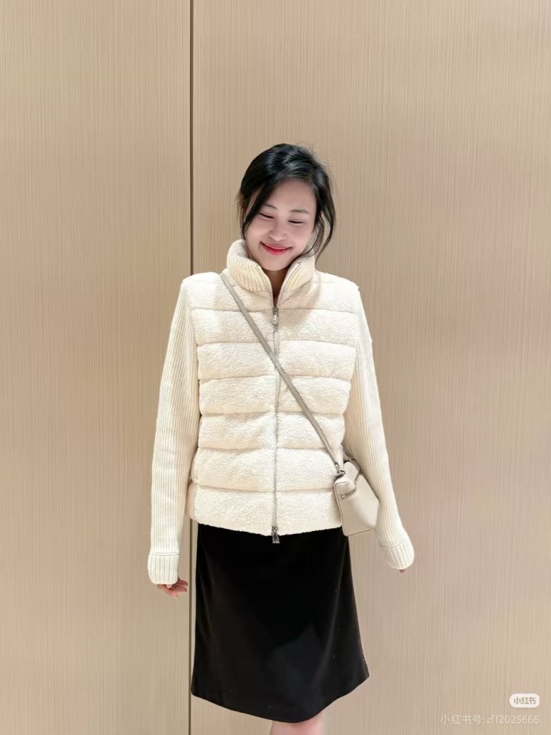 Cream Puffer Vest with Ribbed Knit Sleeves