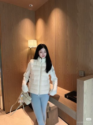 Cream Puffer Vest with Ribbed Knit Sleeves view 2