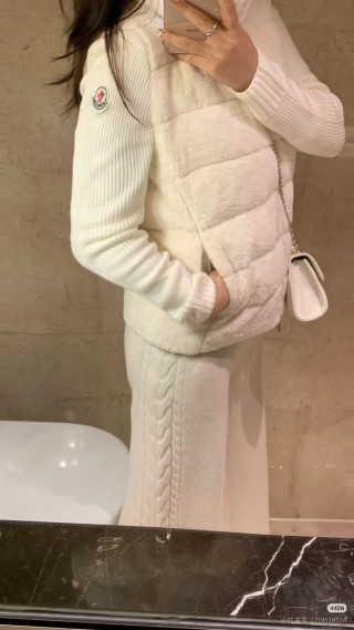 Cream Puffer Vest with Ribbed Knit Sleeves view 6