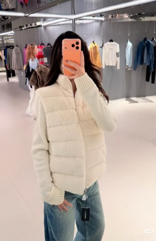 Cream Puffer Vest with Ribbed Knit Sleeves view 8