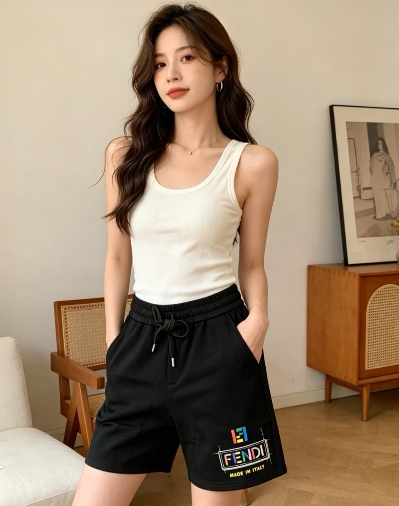Fendi Black Drawstring Shorts with Logo Print