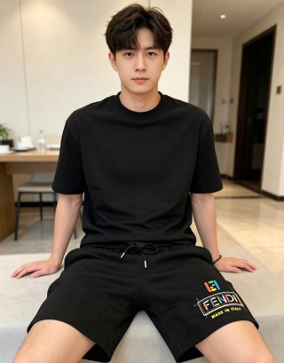 Fendi Black Drawstring Shorts with Logo Print view 2
