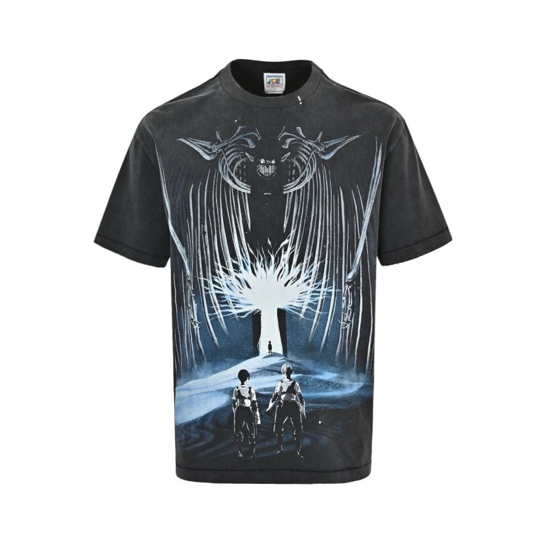 Black Graphic Print T-Shirt with Blue Angel Wings Design view