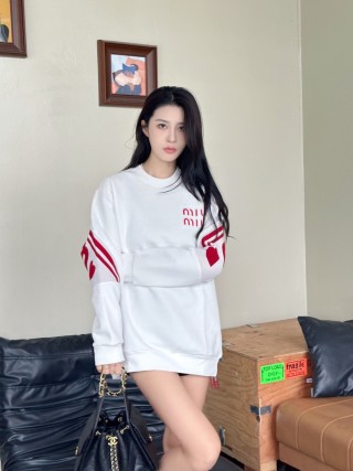 Miu Miu White Oversized Hoodie with Red Logo and Stripe view 1