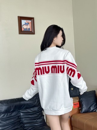 Miu Miu White Oversized Hoodie with Red Logo and Stripe view 2