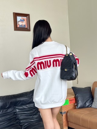 Miu Miu White Oversized Hoodie with Red Logo and Stripe view 4