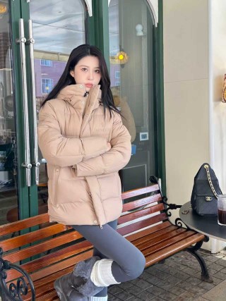 Beige Quilted Down Puffer Jacket view 2