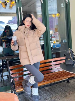 Beige Quilted Down Puffer Jacket view 3