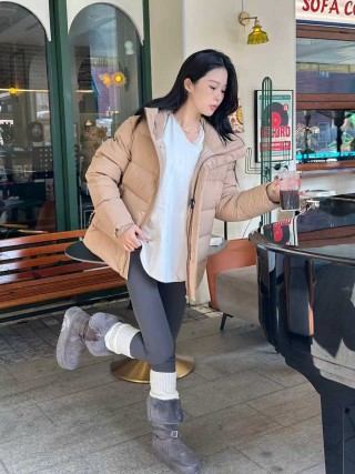 Beige Quilted Down Puffer Jacket view 6