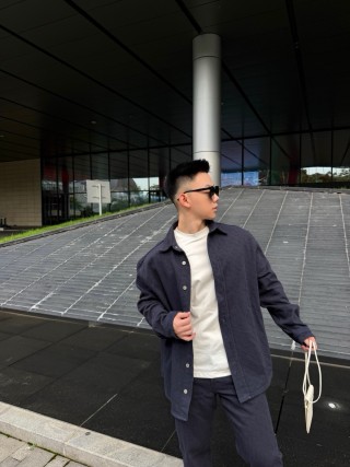 Navy Wool Blend Button-Up Shirt Jacket view 2