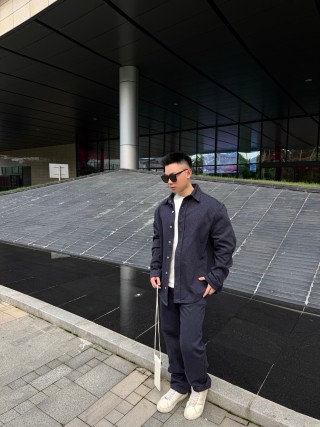 Navy Wool Blend Button-Up Shirt Jacket view 4