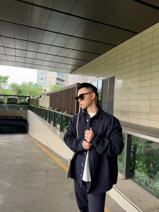 Navy Wool Blend Button-Up Shirt Jacket view 6