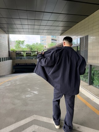 Navy Wool Blend Button-Up Shirt Jacket view 7