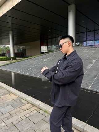 Navy Wool Blend Button-Up Shirt Jacket view 9