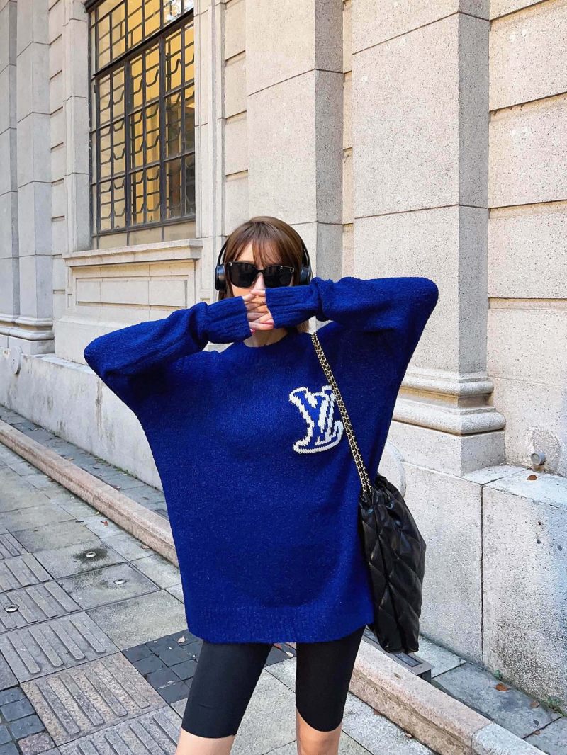 Louis Vuitton Blue Wool Knit Sweater with Logo Embroidery