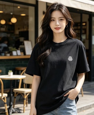 Black Minimalist Short Sleeve T-Shirt with Chest Logo view 6