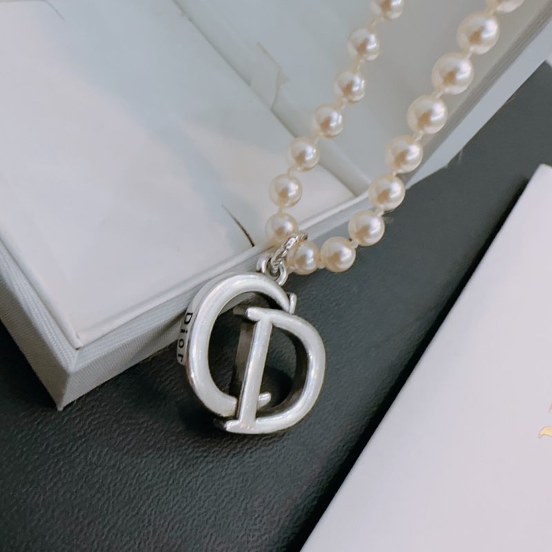 Dior Pearl Silver Logo Pendant Necklace view
