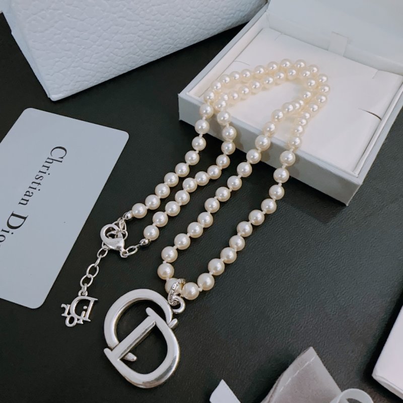 Dior Pearl Silver Logo Pendant Necklace view