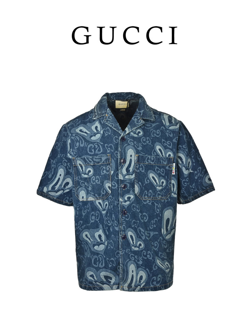 Gucci GG Monogram Denim Short-Sleeve Shirt Blue