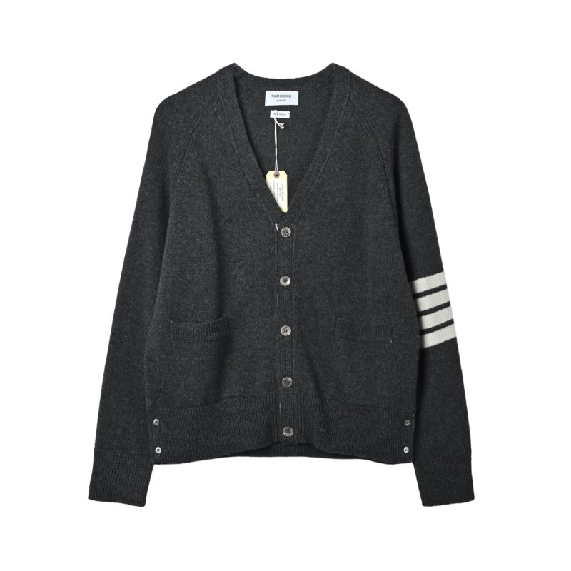Charcoal Ribbed Cardigan with White Stripe Sleeves view