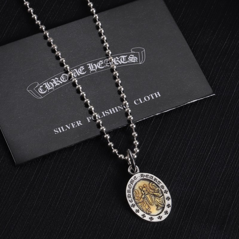 Chrome Hearts Oval Angel Pendant Silver Chain Necklace