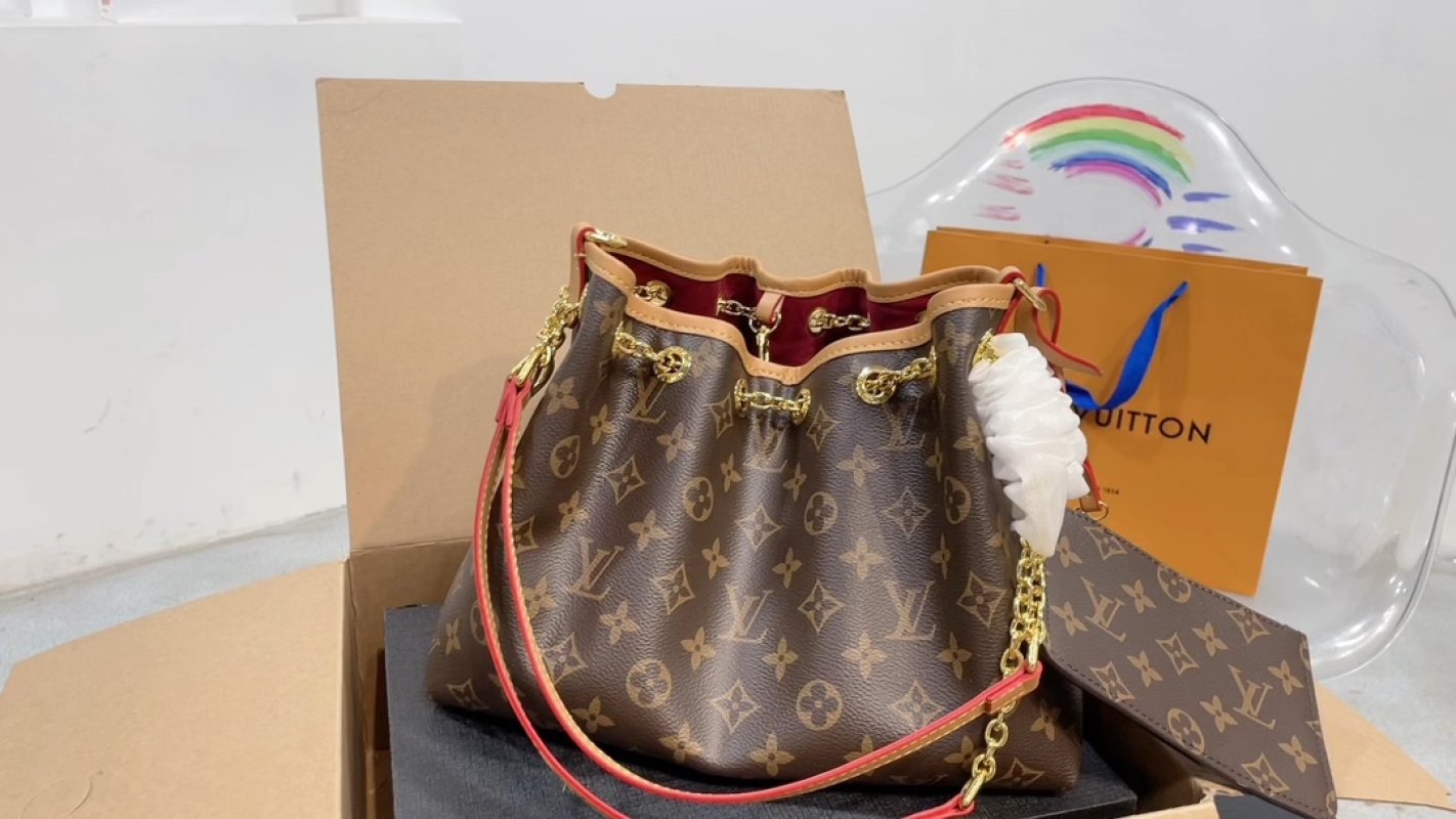 Louis Vuitton Monogram Canvas Bucket Bag Red Leather Strap