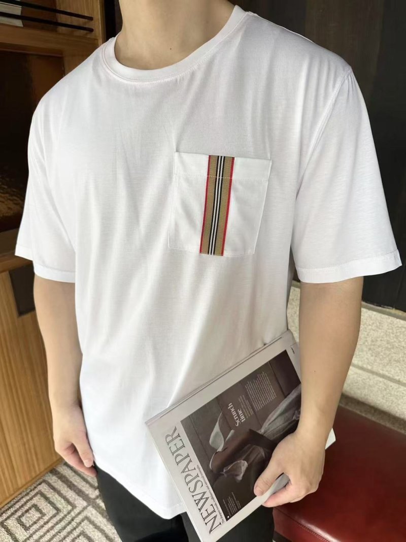 Burberry White Pocket T-Shirt with Striped Trim