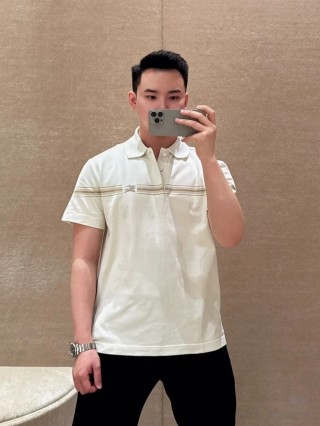 Classic Cream Polo Shirt with Contrast Chest Stripe view 1