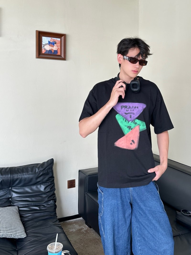 Prada Black Geometric Triangle Graphic T-Shirt