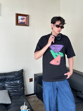 Prada Black Geometric Triangle Graphic T-Shirt view 1