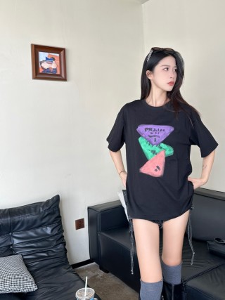 Prada Black Geometric Triangle Graphic T-Shirt view 5