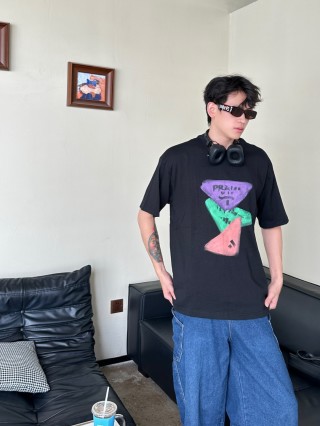 Prada Black Geometric Triangle Graphic T-Shirt view 6