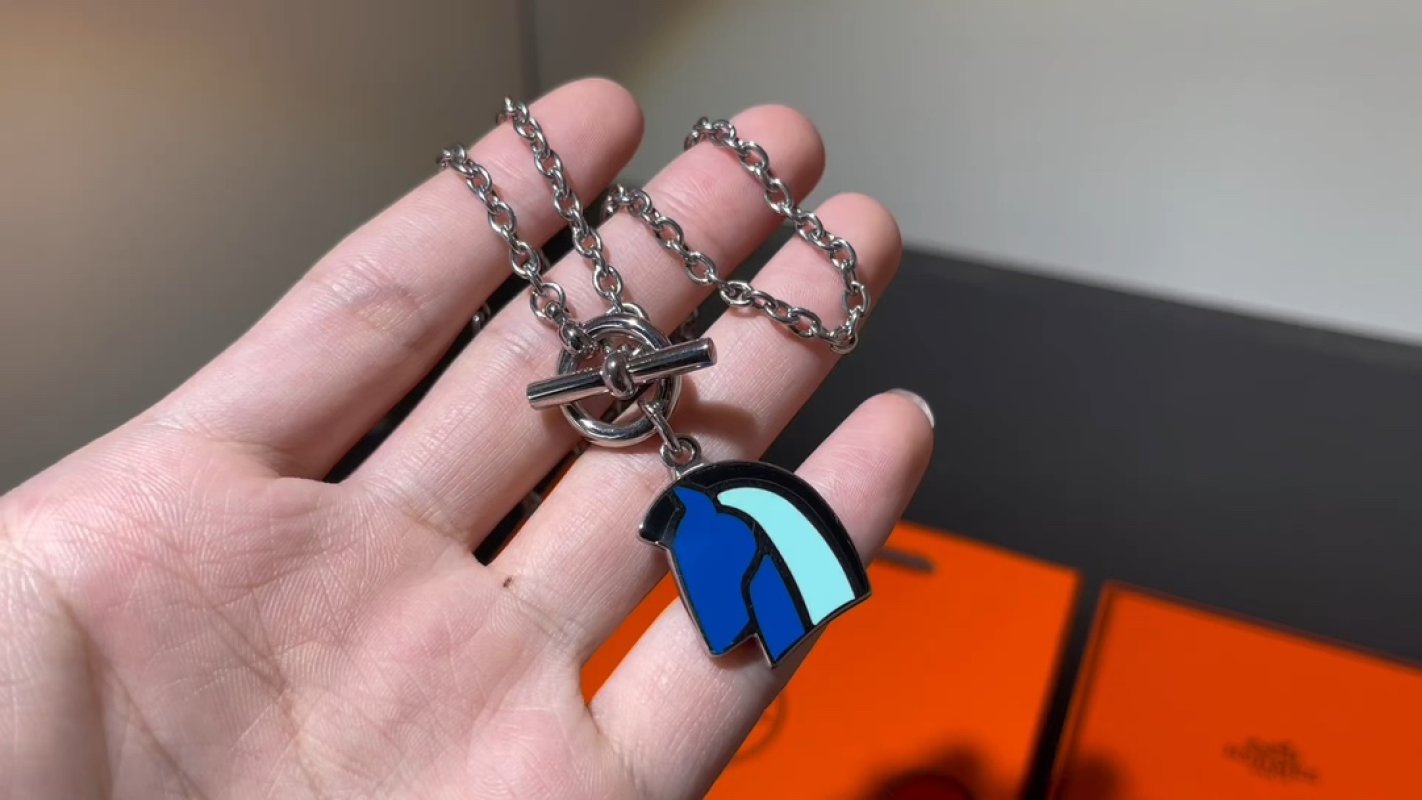 Hermès Silk Scarf Charm Silver Chain Necklace Blue