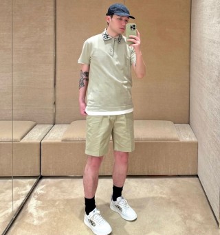 Beige Short-Sleeve Polo Shirt with Checkered Collar view 2