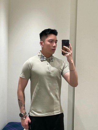 Beige Short-Sleeve Polo Shirt with Checkered Collar view 5