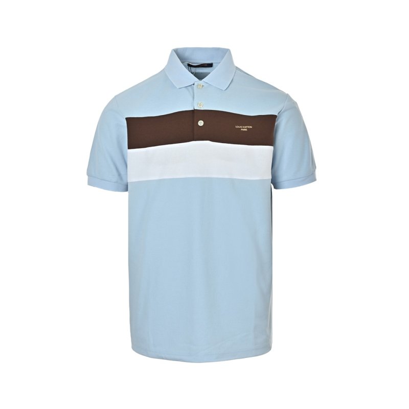 Striped Colour-Block Polo Shirt – Light Blue / Brown / White view