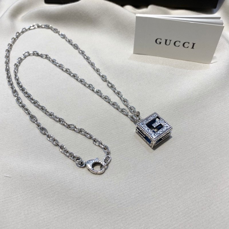 Gucci G-Motif Square Pendant Silver Chain Necklace