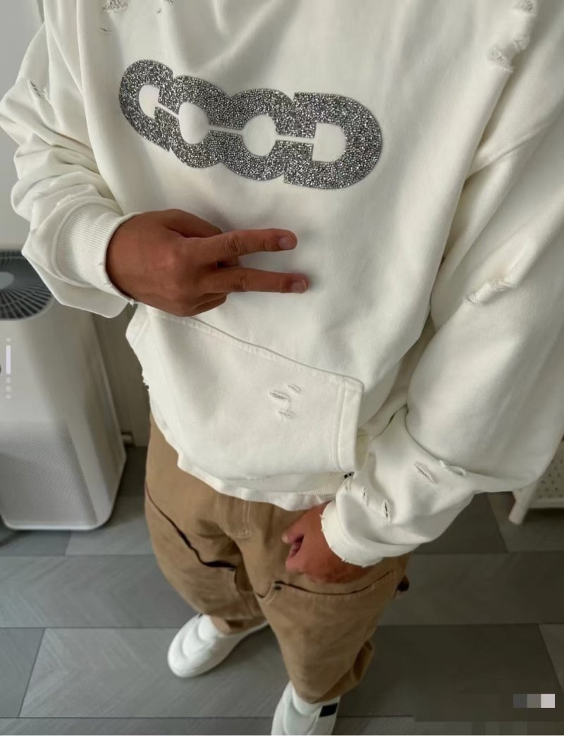 White Oversized Hoodie with Glitter Chain Graphic Print