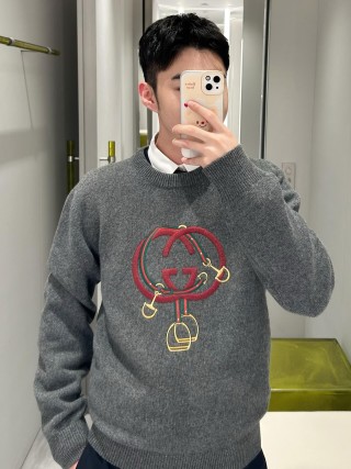 Gucci Interlocking G Red Web Grey Crewneck Sweater view 1