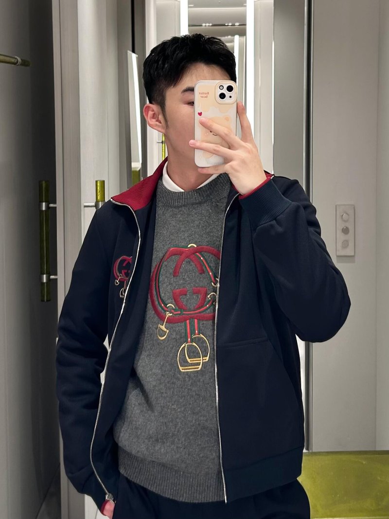 Gucci Interlocking G Red Web Grey Crewneck Sweater view